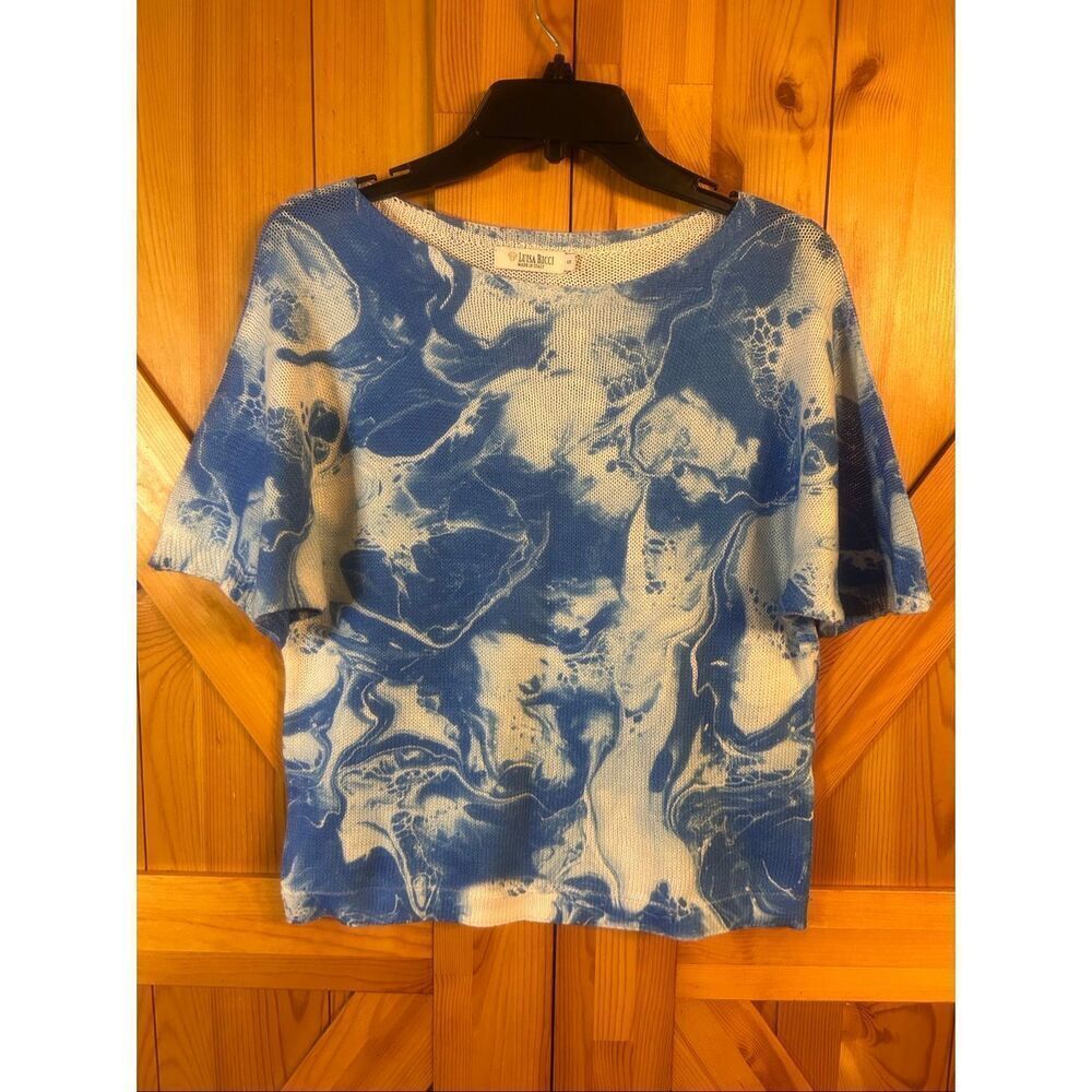 Luisa Ricci Italy Blue White Short Sleeve Pullover Sweater Size Small (5910)